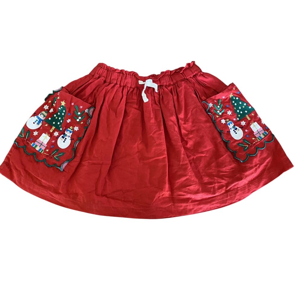 Mini Boden Red Skirt Embroidered Snowman Christmas Pocket
